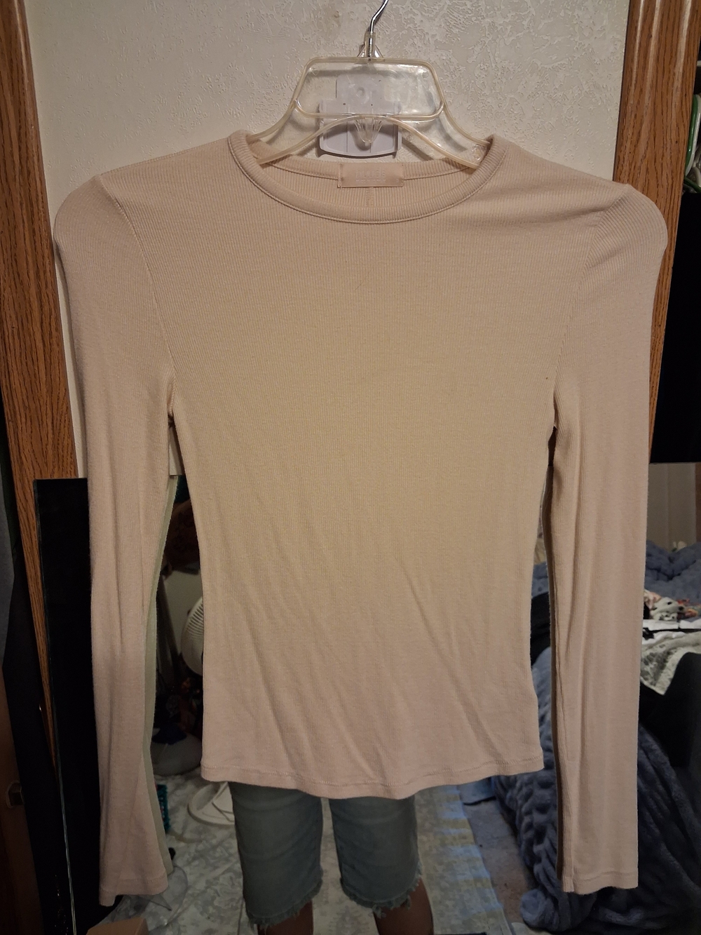 nuuds Long-Sleeve Ribbed Crew Neck Top in Beige